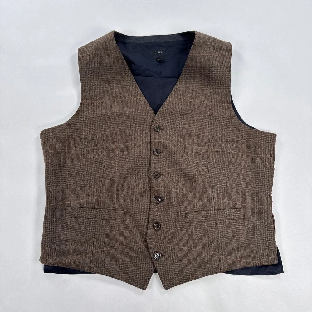 J Crew Mens M Ludlow Wool Vest Italian Cloth Brown Plaid Suit Waistcoat C9284